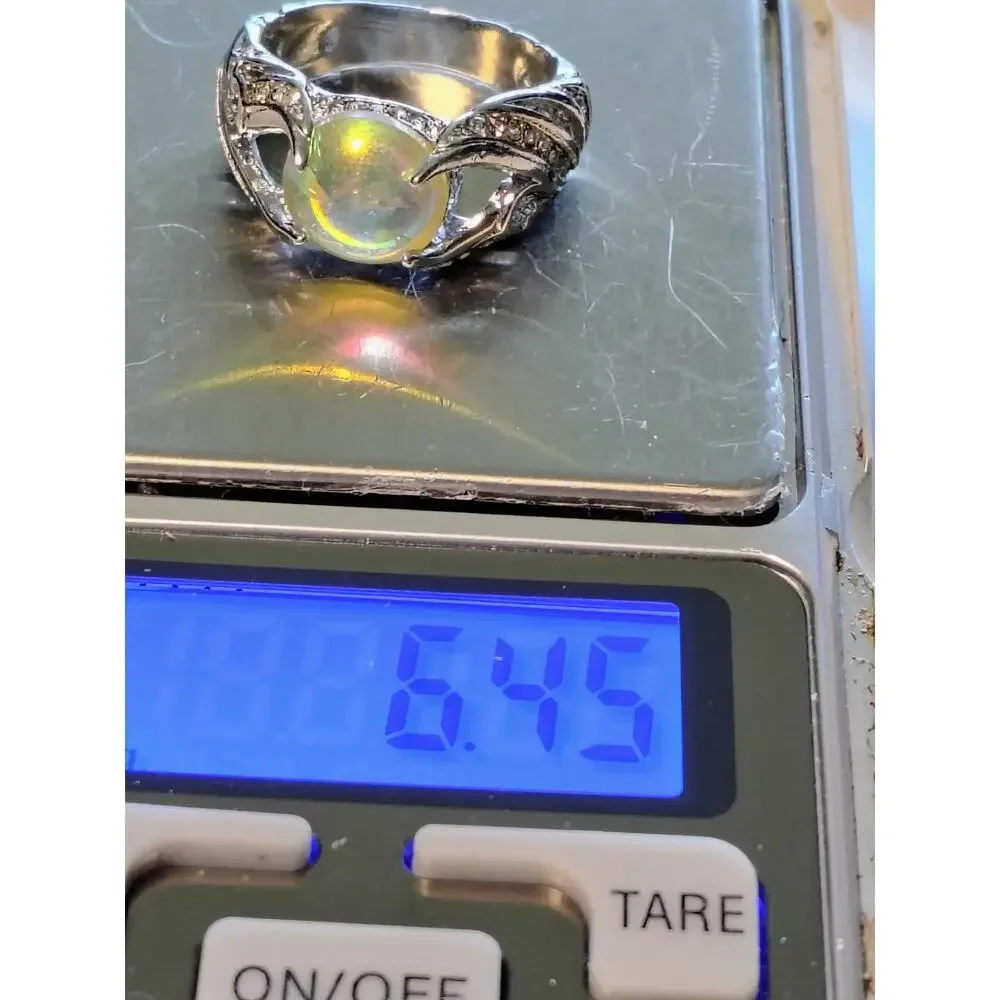 Silver Tone Opalescent Glass Cabochon Ring Size 9